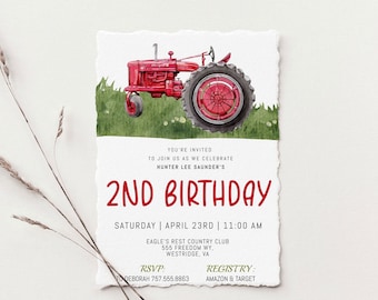 Watercolor Farm Tractor Birthday Invitation | Country Birthday | Boy Birthday Invitation | Farm Invitation | Red Tractor Invitation | Edit