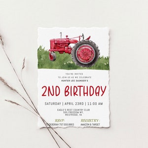 Watercolor Farm Tractor Birthday Invitation | Country Birthday | Boy Birthday Invitation | Farm Invitation | Red Tractor Invitation | Edit