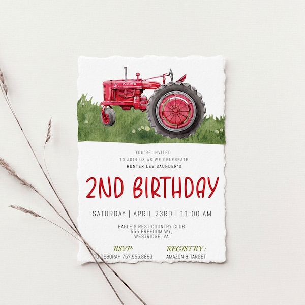 Watercolor Farm Tractor Birthday Invitation | Country Birthday | Boy Birthday Invitation | Farm Invitation | Red Tractor Invitation | Edit