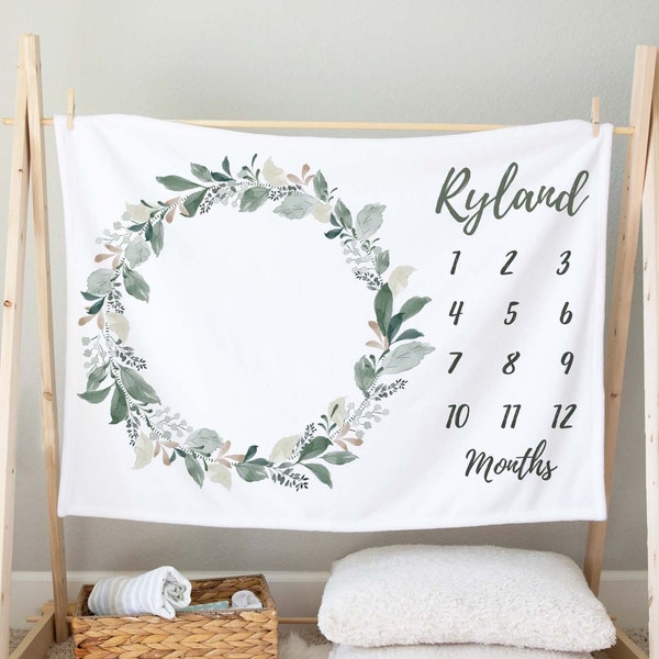 Custom Ivy Leaf Floral Circle Milestone Minky Blanket | Growth Tracker | Monthly Blanket | Personalized | Floral | Flower | Classy