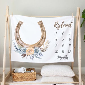 Custom Horseshoe Milestone Minky Blanket, Growth Tracker, Monthly Blanket, Personalized, Cowgirl, Country, Farm, Cowboy, Horse, Western
