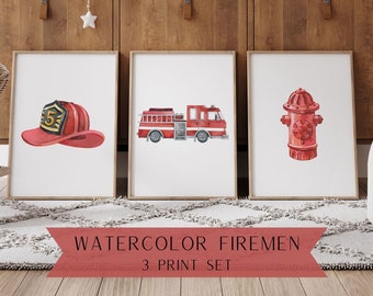 Watercolor Fire Truck Nursery Prints | Firefighter Nursery Prints | Watercolor Fire Truck | Nursery Prints | Fireman Nursery Prints | Rookie