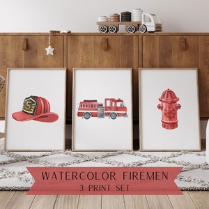 Watercolor Fire Truck Nursery Prints | Firefighter Nursery Prints | Watercolor Fire Truck | Nursery Prints | Fireman Nursery Prints | Rookie