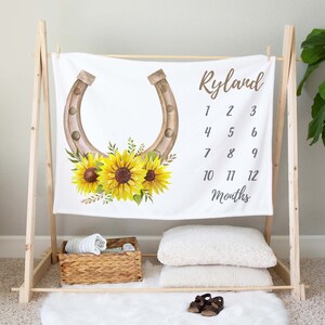 Custom Sunflower Horseshoe Milestone Minky Blanket, Growth Tracker, Monthly Blanket, Personalized, Cowgirl, Country, Cowboy, Farm, Western