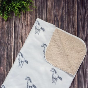 Gray Horse Sherpa Baby Blanket | Brown Horse Sherpa Blanket | Western Nursery Blanket | Farm | Country | Cowboy | Cowgirl