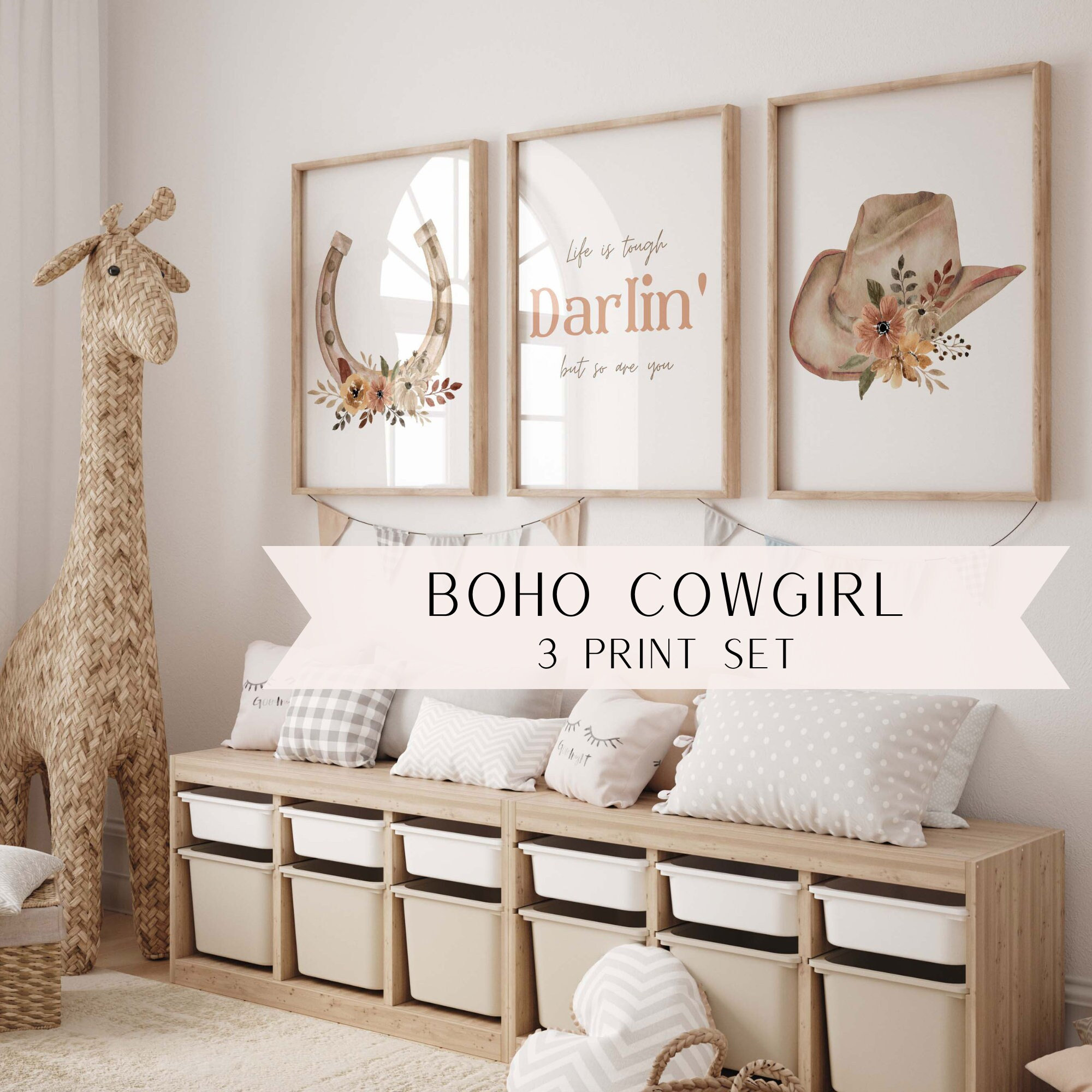 Boho Cowgirl Flower Hat Horseshoe Wall Art Set | Poster Prints | Western Nursery Wall Art | Horse | Country | Barnyard | Darlin' Saying