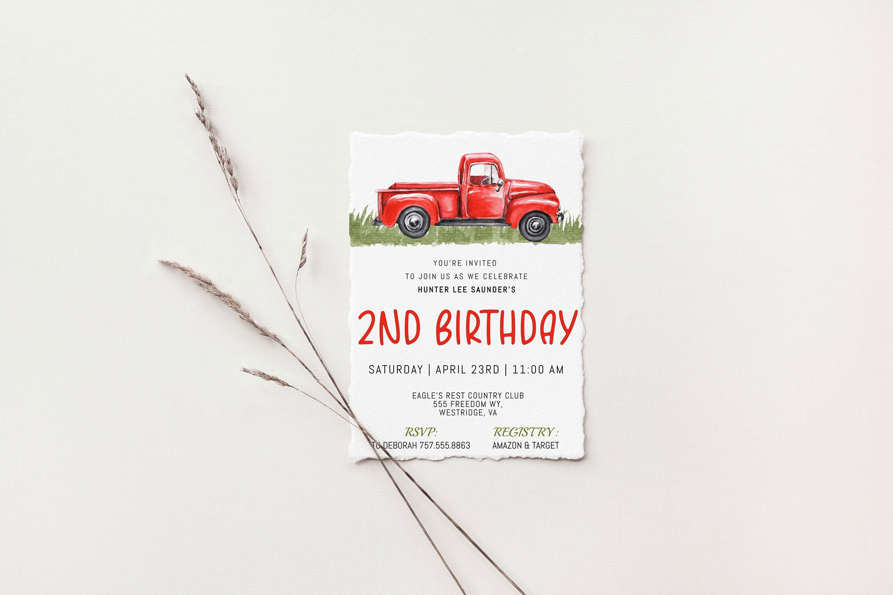 Watercolor Classic Truck Birthday Invitation | Baby Boy | Farm Truck | Classic Red Truck | Vintage Truck | Country Birthday | Vintage Truck