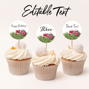 Aquarell Bauernhof Traktor Geburtstag Cupcake Toppers | Landgeburtstag | Traktor Geburtstag | Bauernhof Geburtstag | Roter Traktor | Bearbeitbare 2x2 Toppers