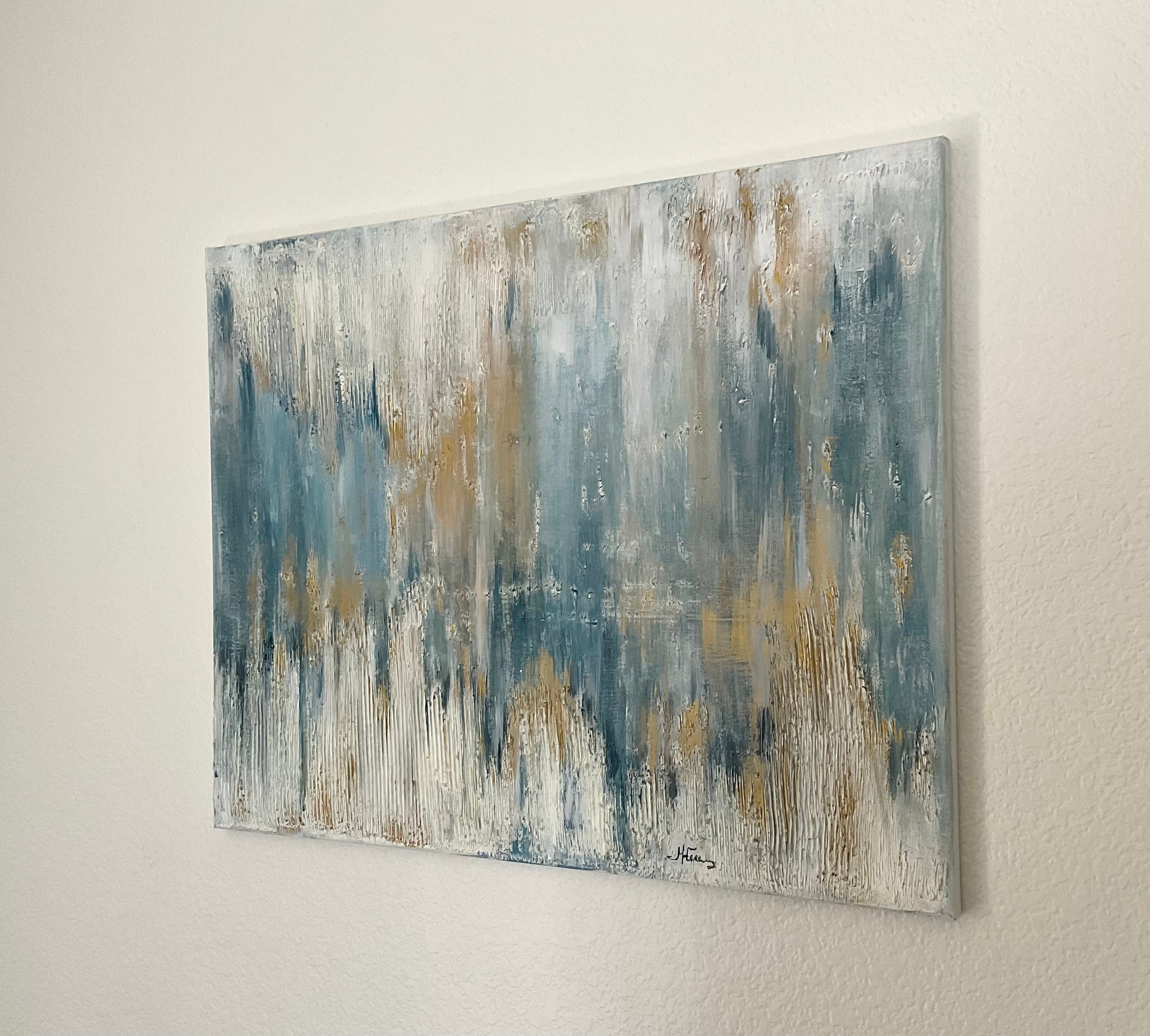 青と金の抽象アクリル画：キャンバスに描かれた現代アート、22x28