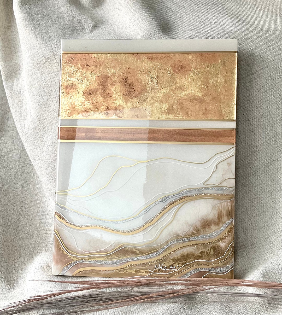 12x16inch White and Gold Resin Wall Art. Abstract Art Painting, Wall