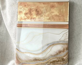 Arte mural de resina blanca y dorada: pintura abstracta de 30 x 40 cm
