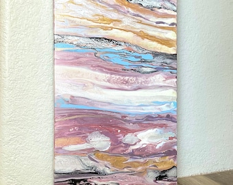 Large Abstract Acrylic Pour Painting: Gold and Blue Fluid Art on Canvas