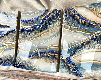 Blue Custom Geode Resin Wall Art: Quartz & Amethyst Crystals