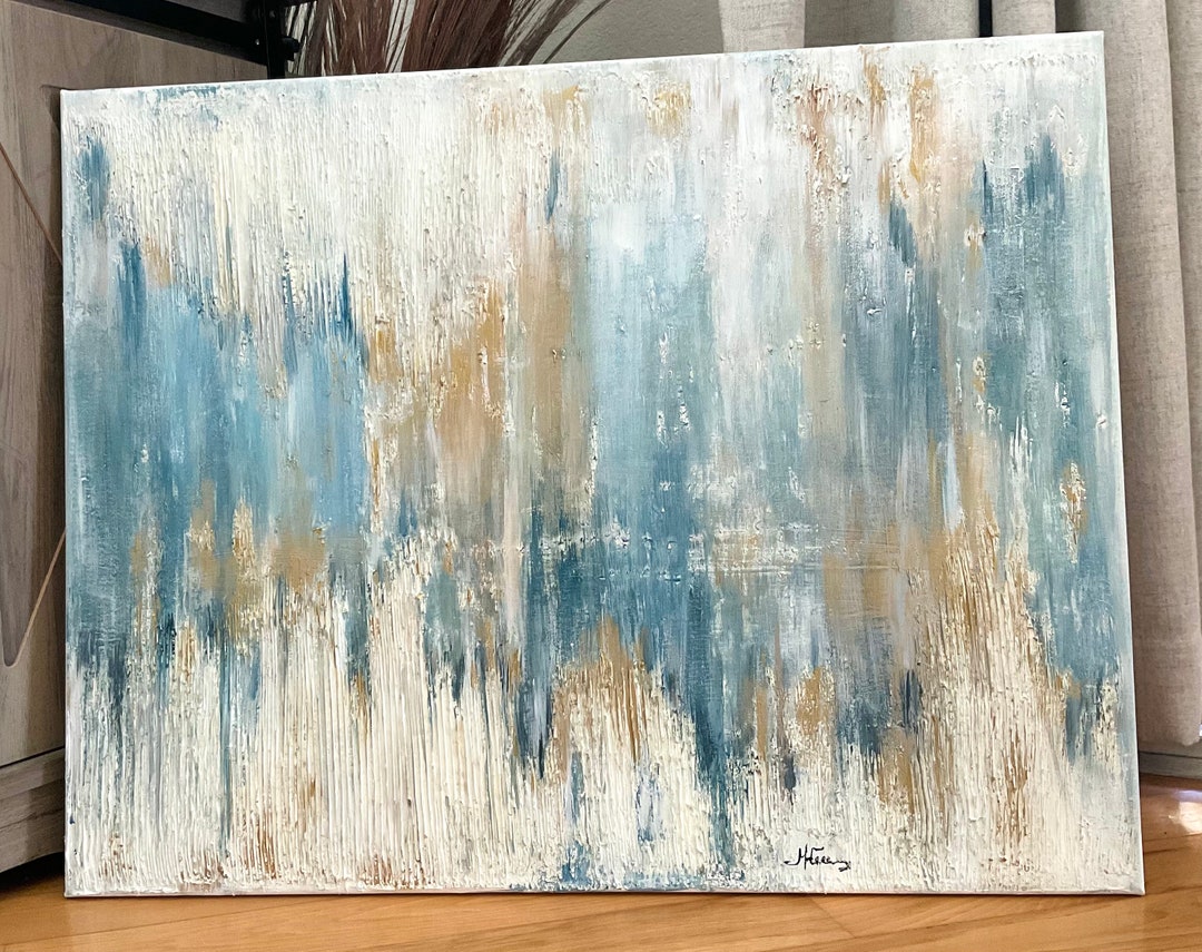 青と金の抽象アクリル画：キャンバスに描かれた現代アート、22x28