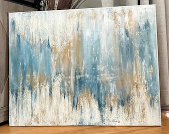 アクリル画　室内　1301 青、黄、メタリックフルイドを使用した12x12インチのアクリル画（硬質