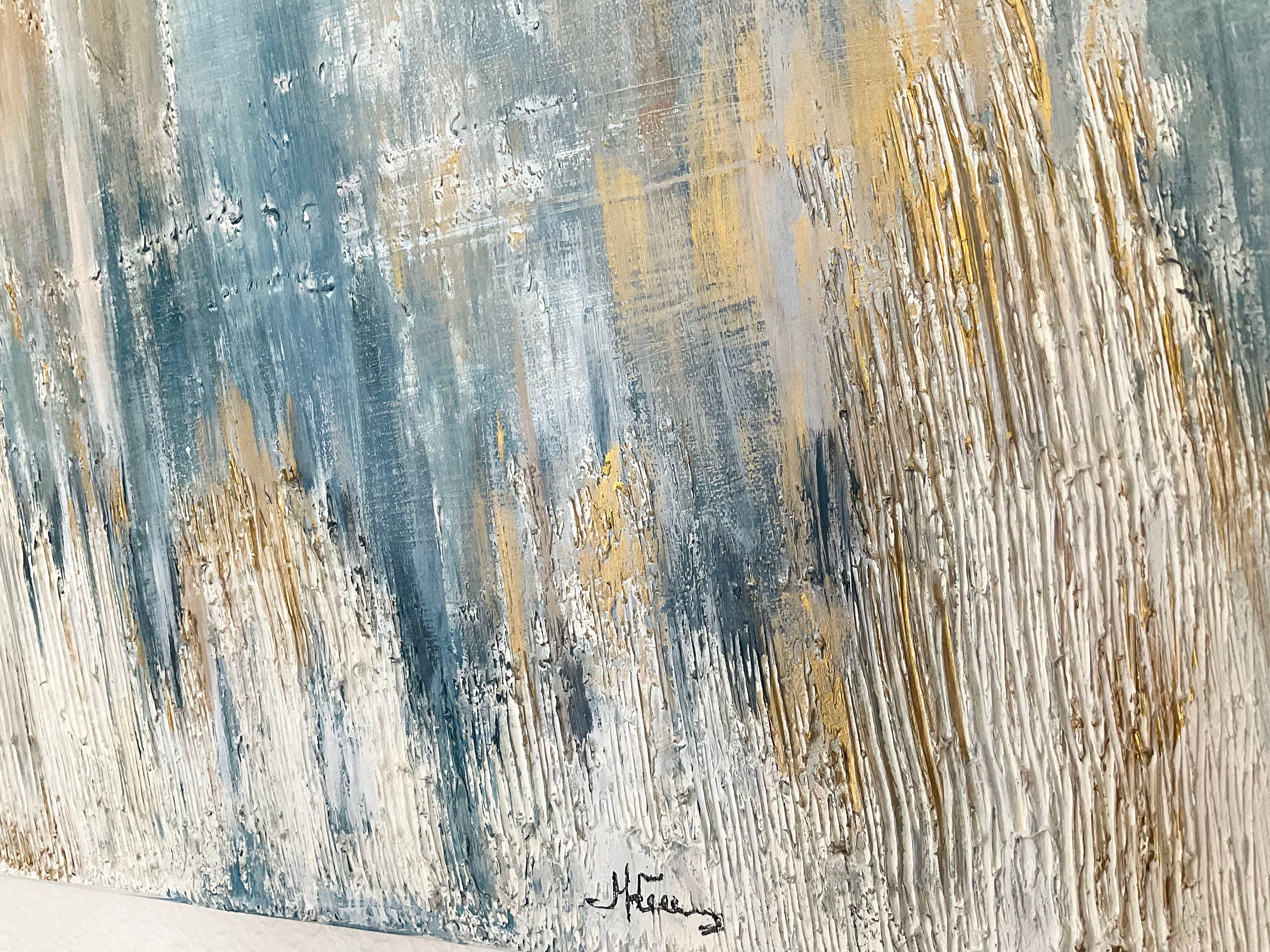 青と金の抽象アクリル画：キャンバスに描かれた現代アート、22x28