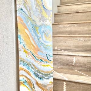 12x36inch Acrylic art. Original acrylic painting on canvas . Large Gold Blue  Fluid Art. Original  Pour Acrylic Painting.