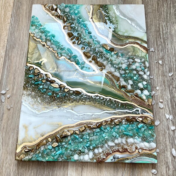 12x16inch green and gold resin wall art decorated with green crystal chips , epoxy resin wall decor, geode resin art. resin art painting