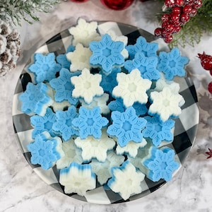May include: A plate filled with snowflake-shaped wax melts in shades of blue and white. The plate has a black and white checkered pattern. The image is decorated with Christmas greenery and red berries.