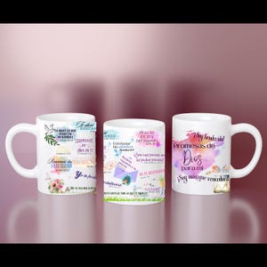May include: Three white ceramic mugs with inspirational quotes and watercolour designs. The mugs feature quotes about faith, strength, and hope. The quotes are in Spanish.