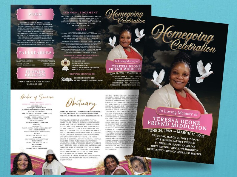 Homegoing Program Payer Pink & Gold Funeral Program Template, Editable Canva Memorial Program ...