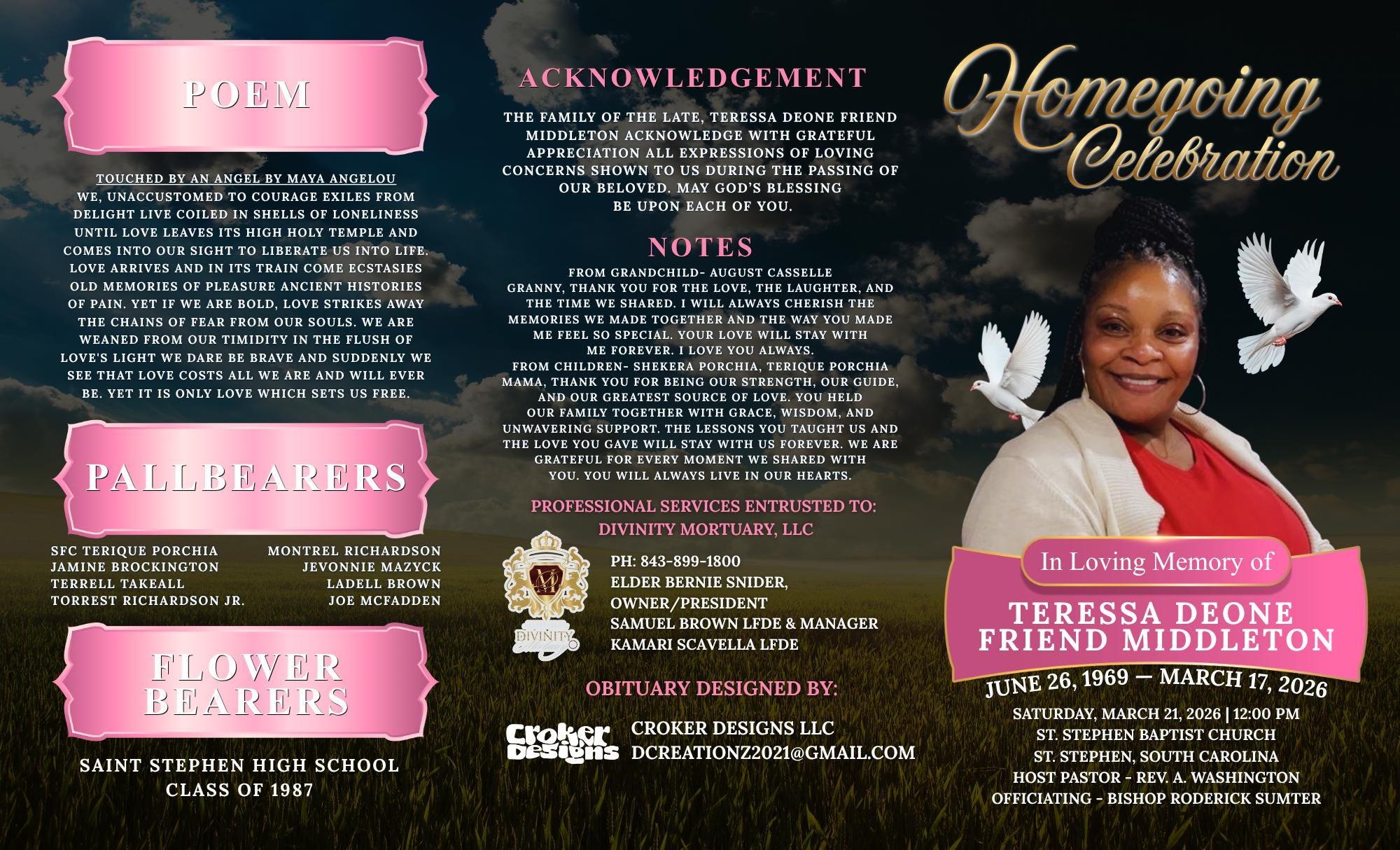 Homegoing Program Payer Pink & Gold Funeral Program Template, Editable Canva Memorial Program ...