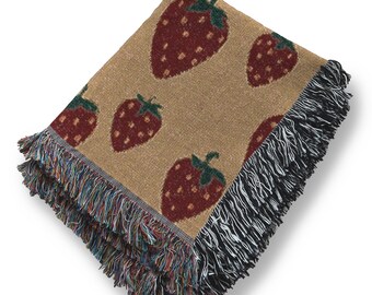 Woven Cotton Strawberry Blanket, Hand Drawn Boho Nursery Throw