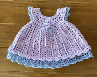 Crotchet Newborn Baby Dress | 0-3 months | pink & gray