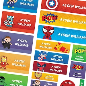 Superhero Name Labels | Comic Book Hero Personalised Stickers | Custom School Labels