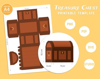Caja de obsequio imprimible con forma de cofre del tesoro, para fiestas de piratas/sirenas (PNG, PDF, SVG)