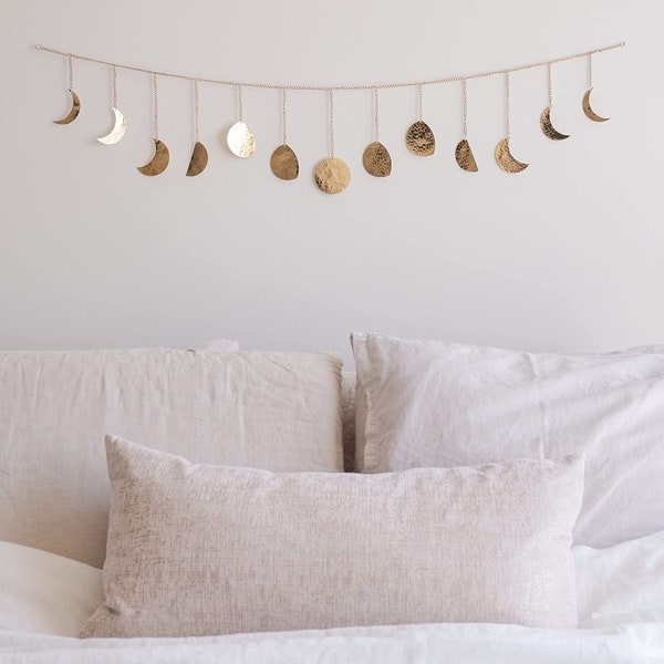 Wall Hanging Handmade Hammered Gold Metal 13 Moons 36" Garland, Boho Decor Modern Celestial Phases