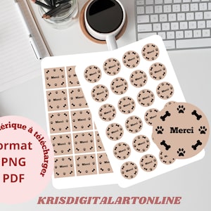 Fichier à imprimer étiquette "merci" ronde et carré motif chien, imprimer vous même vos étiquettes pour remercier vos clients