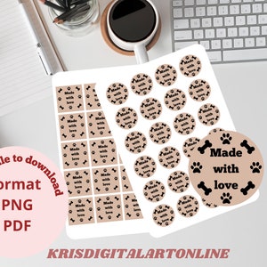 PNG- und PDF-Datei zum Ausdrucken eines runden und quadratischen Etiketts mit Hundemotiv „made with love“, zum Drucken Ihrer eigenen Etiketten.