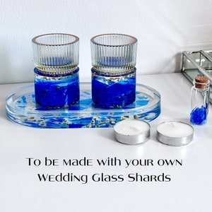 Shabbat Candlesticks & Tray created with your Jewish Wedding Glass shards, Candle Sticks with Wedding Fragments, Jewish wedding keepsake