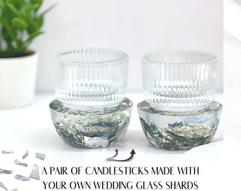 Broken Glass Shabbat Candlesticks with your Broken Jewish Wedding Glass, Candle Sticks with Wedding Fragments, Jewish wedding keepsake