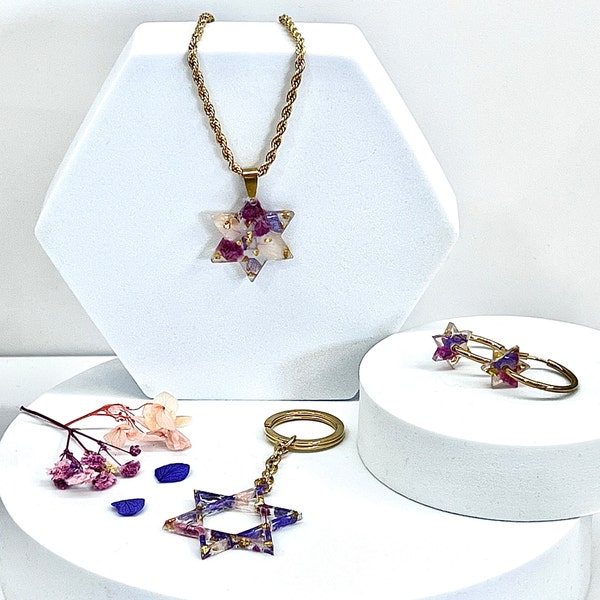 Dried Flowers Magen David Necklace - Resin and Golden Stainless Steel