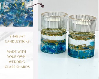 Shabbat Candlesticks to be created with your Jewish Wedding Glass shards, Candle Sticks with Wedding Fragments, Jewish wedding keepsake