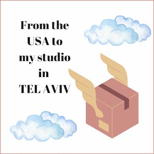May include: A watercolor illustration featuring a package with wings, clouds, and text that reads "From the USA to my studio in TEL AVIV". The package is a light brown color.
