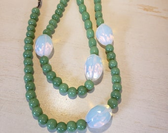 Vintage Opaline and Sage Green Glass Bead Necklace 29"