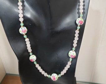 Vtg Chinese Hand Painted Porcelain Floral Beads Rose Quartz Jade Silver Necklace