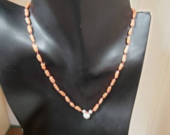 Vintage Angel Skin Coral and Freshwater Pearl Dainty Necklace 14K GF 16"