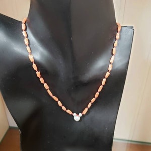 Vintage Angel Skin Coral and Freshwater Pearl Dainty Necklace 14K GF 16&quot;