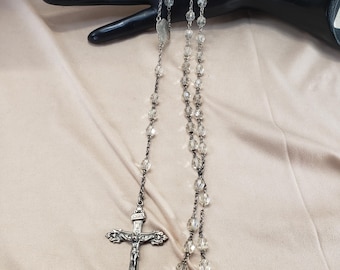 Rosario católico vintage de cuentas de cristal transparente de plata esterlina danesa Hans Hansen HVH