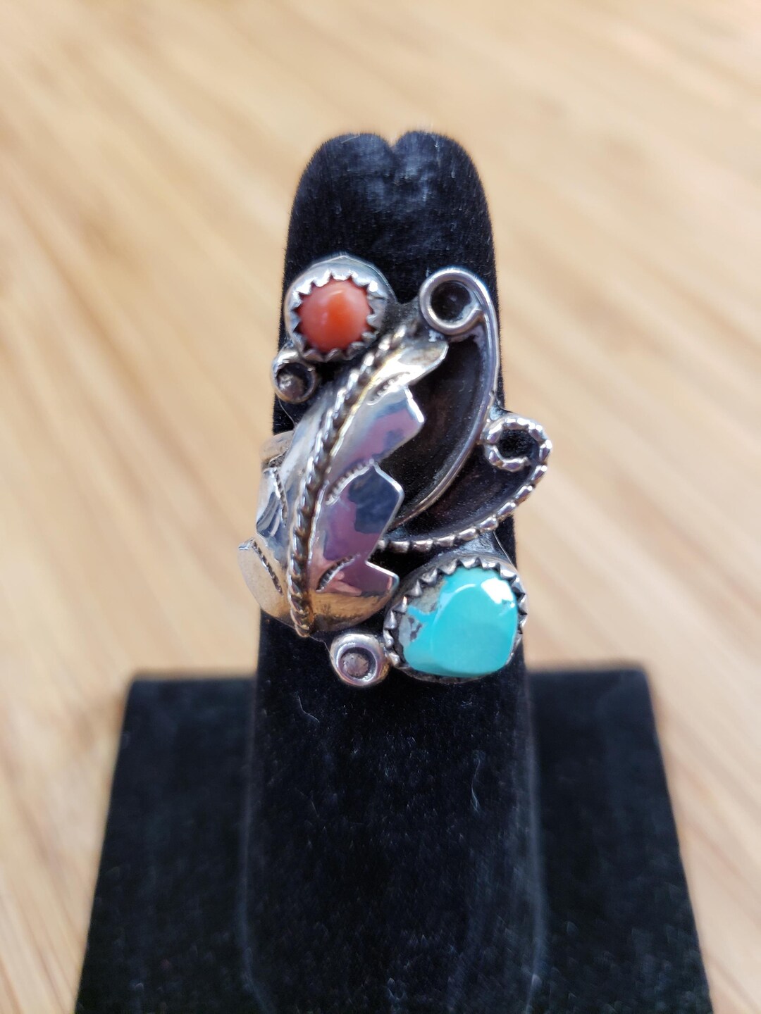 Vintage Sterling Silver Navajo Turquoise and Coral Ring Size 5 Signed ...