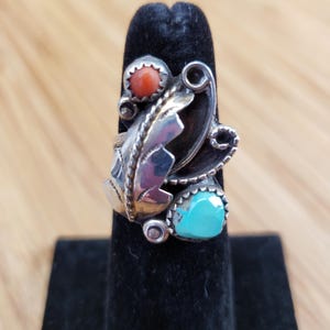Vintage Sterling Silver Navajo Turquoise and Coral Ring Size 5 Signed