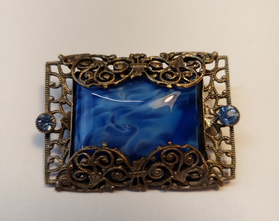 Antique Art Deco Filigree with Blue Marble and Rh… - image 2