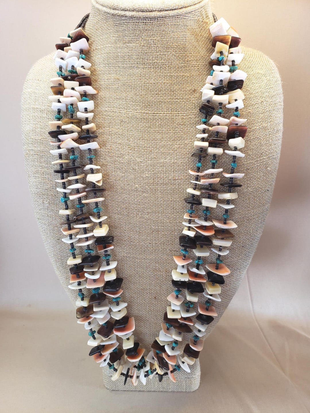 Native American Turquoise Heishi Beads Shells Chiclets Necklace Navajo ...
