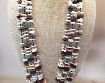 Native American Turquoise Heishi Beads Shells Chiclets Necklace Navajo 3 Strand