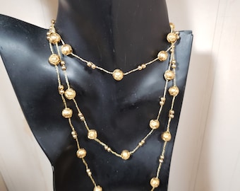 Antique Rose Beads on Delicate Gold Tone Chain Long Necklace 50"