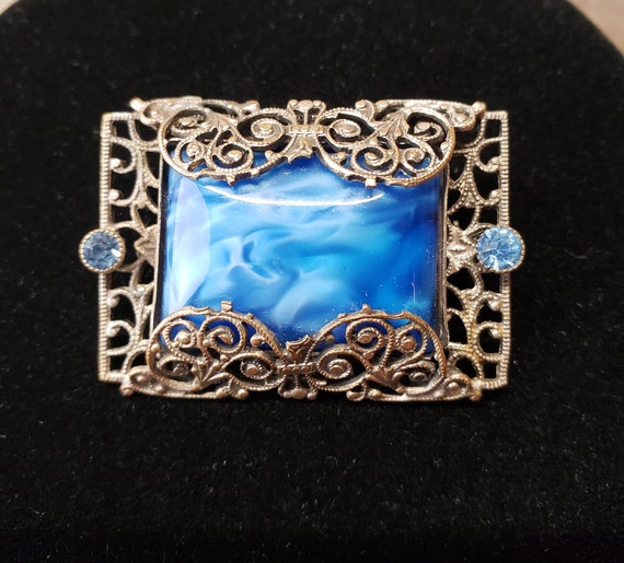 Antique Art Deco Filigree with Blue Marble and Rh… - image 1